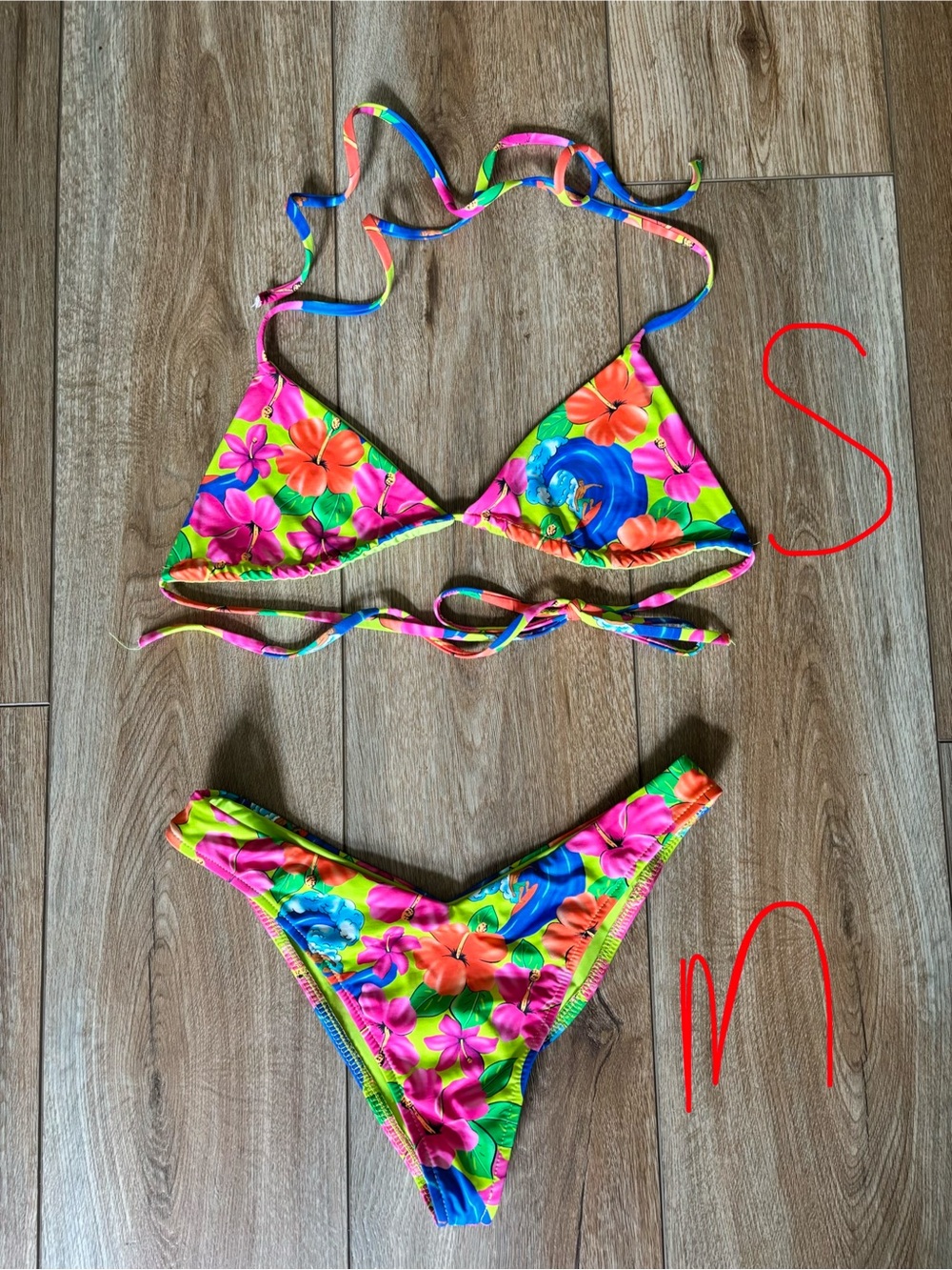 Frankie's Bikinis Neon Floral Triangle Bikini - Pink & Green